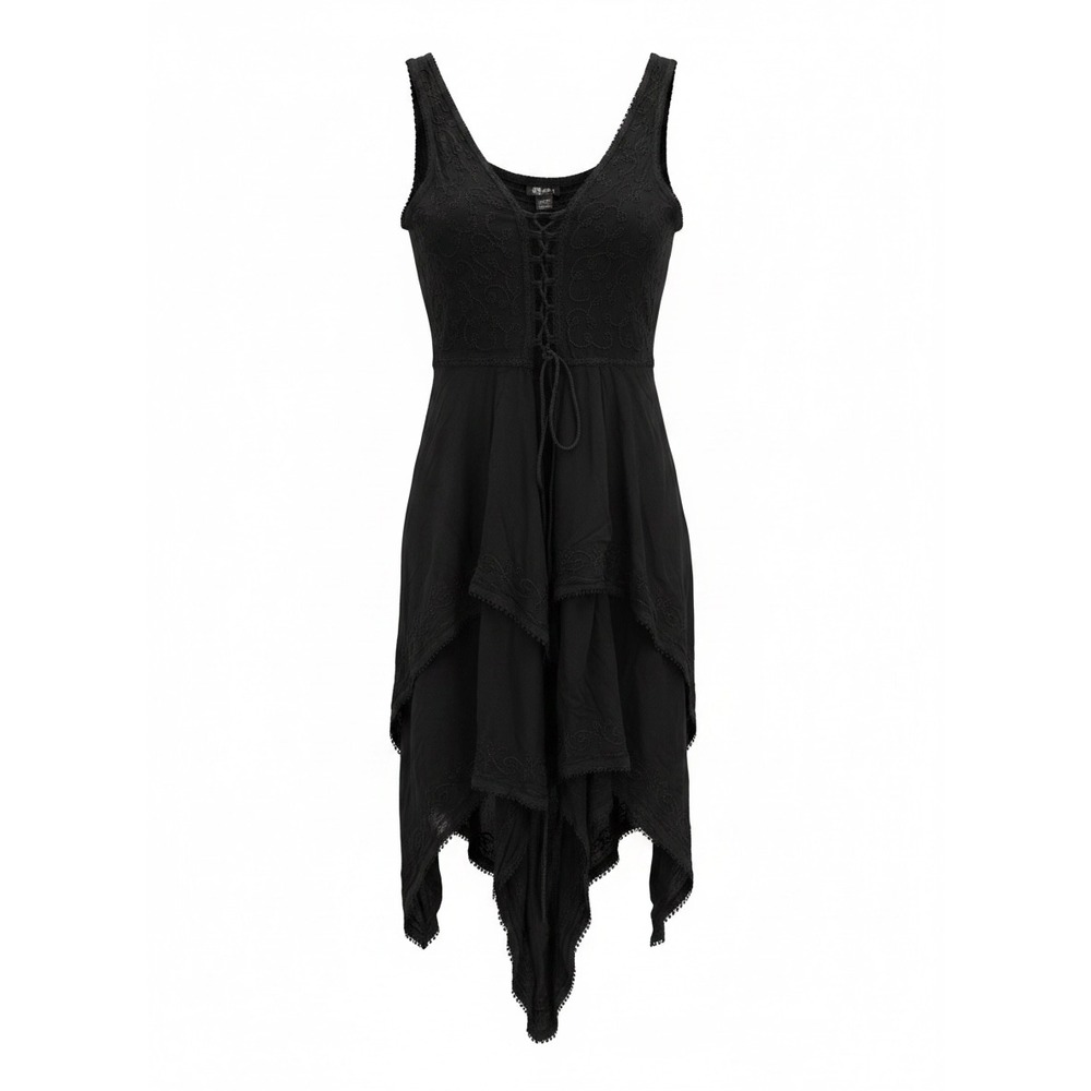 Flower Black Rayon Embroidered Lace Up Handkerchief Hem Fairy Goth Dress S